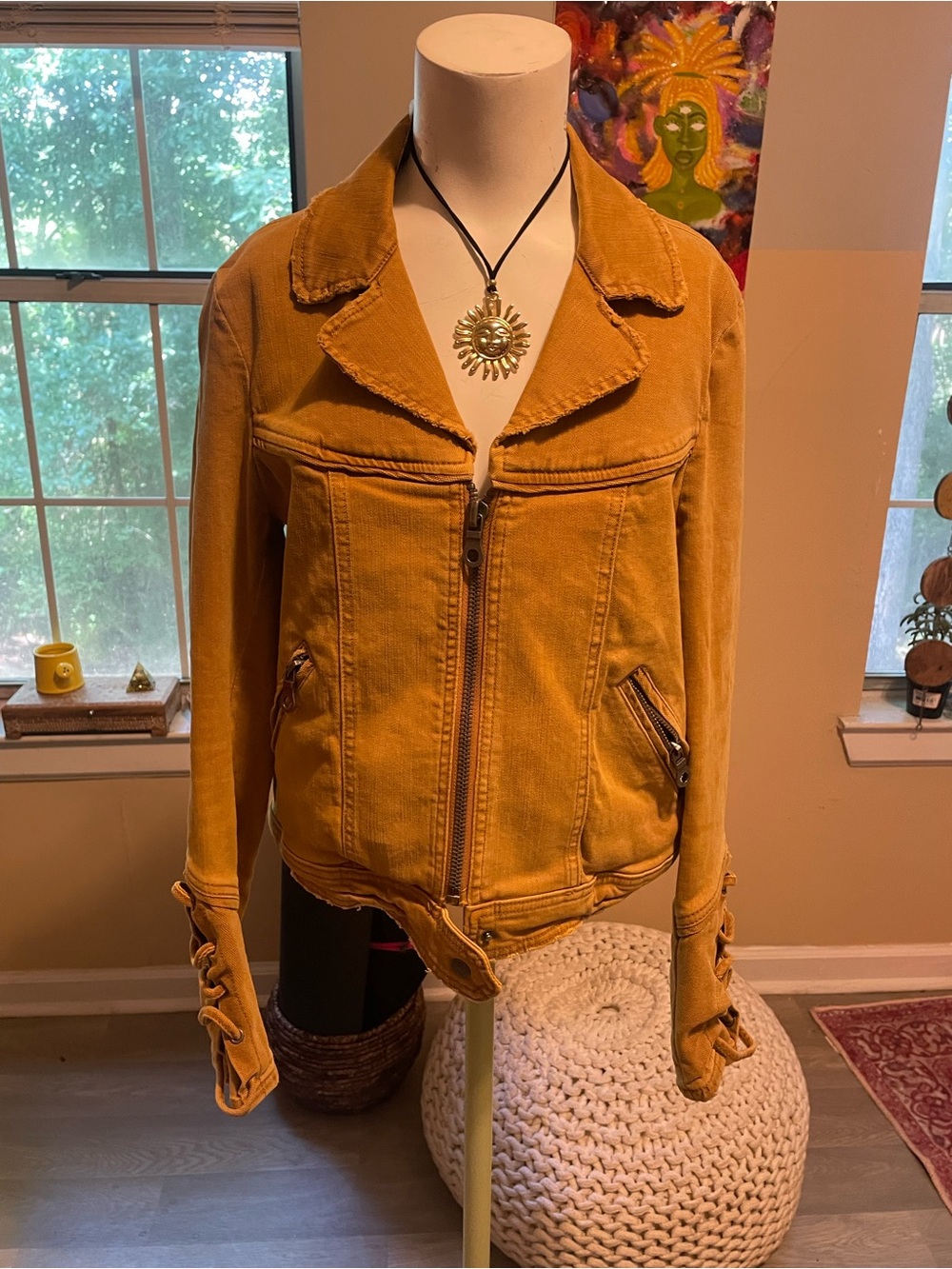 Free People Burnt Mustard Jean Jacket with Zip Front boho hippie